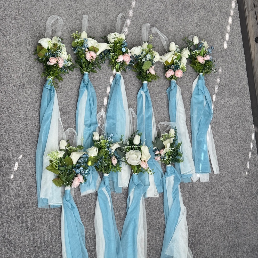 Homemade Blue and White Wedding Aisle Markers Floral Chair Decorations